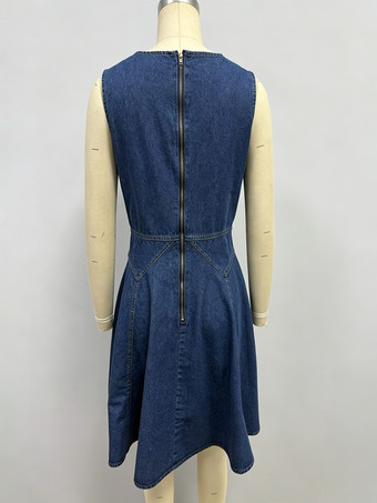 レディース用ノースリーブミニデニムドレス - ミディアムブルー Y2K フラワーボタン フィット＆フレア ジーンズ プリーツ サンドレス - サマーカジュアルパーティ 2026