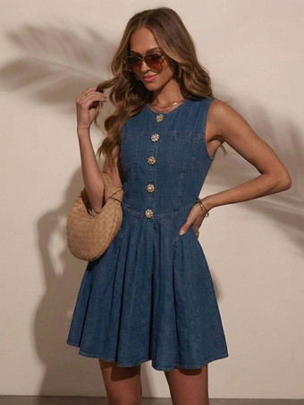 レディース用ノースリーブミニデニムドレス - ミディアムブルー Y2K フラワーボタン フィット＆フレア ジーンズ プリーツ サンドレス - サマーカジュアルパーティ 2026