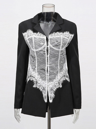 セクシーなコルセットレースブレザー（女性用） - ブラックとホワイトのコントラストビスチェスリムスーツジャケット - 2026年春の夜のパーティーに最適