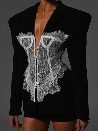 ブラック セクシーなコルセットレースブレザー（女性用） - ブラックとホワイトのコントラストビスチェスリムスーツジャケット - 2026年春の夜のパーティーに最適