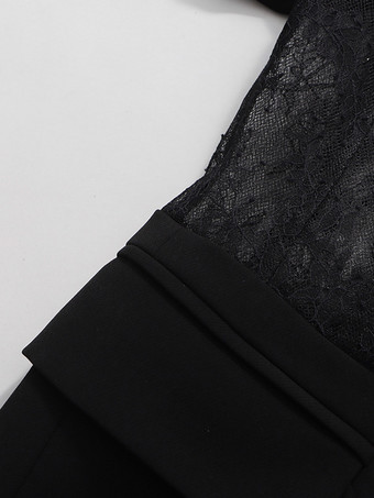 セクシーなレースパッチワークブレザー（レディース） - ブラックゴシックシースルーメッシュウエストスリムフィットスーツジャケット - 2026年春のイブニングパーティー