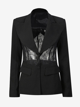 セクシーなレースパッチワークブレザー（レディース） - ブラックゴシックシースルーメッシュウエストスリムフィットスーツジャケット - 2026年春のイブニングパーティー