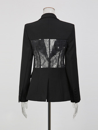 セクシーなレースパッチワークブレザー（レディース） - ブラックゴシックシースルーメッシュウエストスリムフィットスーツジャケット - 2026年春のイブニングパーティー