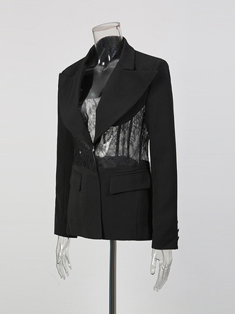 セクシーなレースパッチワークブレザー（レディース） - ブラックゴシックシースルーメッシュウエストスリムフィットスーツジャケット - 2026年春のイブニングパーティー