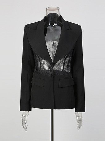 セクシーなレースパッチワークブレザー（レディース） - ブラックゴシックシースルーメッシュウエストスリムフィットスーツジャケット - 2026年春のイブニングパーティー