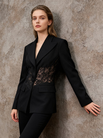 セクシーなレースパッチワークブレザー（レディース） - ブラックゴシックシースルーメッシュウエストスリムフィットスーツジャケット - 2026年春のイブニングパーティー