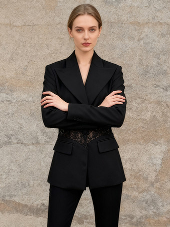 ブラック セクシーなレースパッチワークブレザー（レディース） - ブラックゴシックシースルーメッシュウエストスリムフィットスーツジャケット - 2026年春のイブニングパーティー