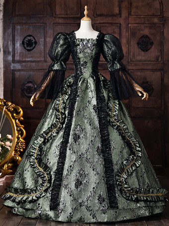 グリーン レディース ヴィクトリアン ロココ ドレス パフスリーブ レースフリル トリム ボールガウン 歴史的ドレス