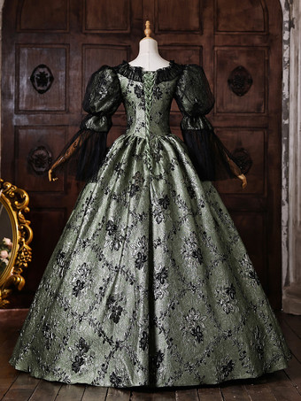 レディース ヴィクトリアン ロココ ドレス パフスリーブ レースフリル トリム ボールガウン 歴史的ドレス