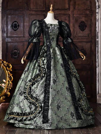 レディース ヴィクトリアン ロココ ドレス パフスリーブ レースフリル トリム ボールガウン 歴史的ドレス