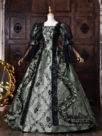 レディース ヴィクトリアン ロココ ドレス パフスリーブ レースフリル トリム ボールガウン 歴史的ドレス