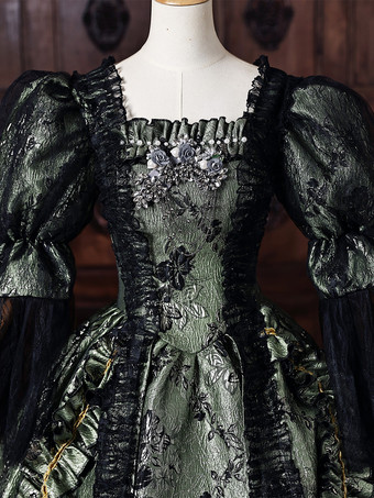 レディース ヴィクトリアン ロココ ドレス パフスリーブ レースフリル トリム ボールガウン 歴史的ドレス