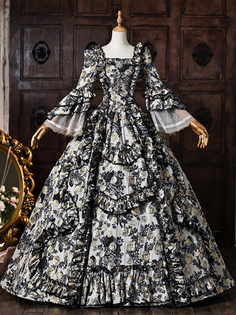 ブラック レディース ヴィクトリアン ロココ ドレス 花柄プリント レーストリム フレアスリーブ 歴史的ドレス