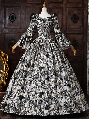 レディース ヴィクトリアン ロココ ドレス 花柄プリント レーストリム フレアスリーブ 歴史的ドレス