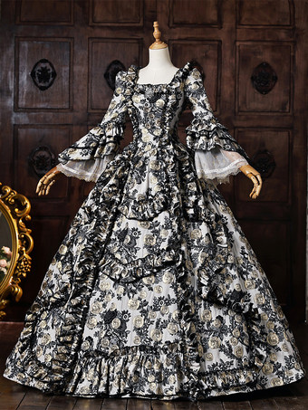 レディース ヴィクトリアン ロココ ドレス 花柄プリント レーストリム フレアスリーブ 歴史的ドレス