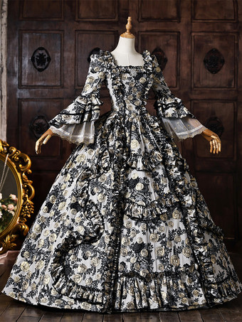 レディース ヴィクトリアン ロココ ドレス 花柄プリント レーストリム フレアスリーブ 歴史的ドレス
