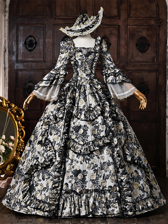レディース ヴィクトリアン ロココ ドレス 花柄プリント レーストリム フレアスリーブ 歴史的ドレス