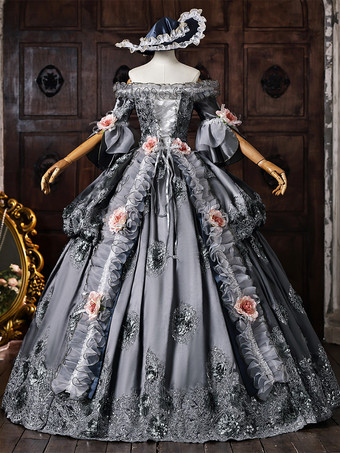 レディース ヴィクトリアン ロココ ドレス オフショルダー アップリケ刺繍 ボールガウン ドレス