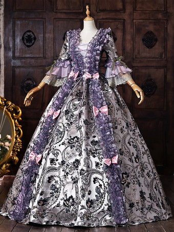 パープル 紫色のヴィクトリアン・ロココ調ドレス、花柄プリント、フリル飾りのボールガウン、ヴィンテージドレス