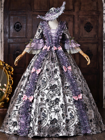 紫色のヴィクトリアン・ロココ調ドレス、花柄プリント、フリル飾りのボールガウン、ヴィンテージドレス
