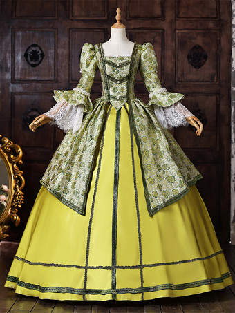 グリーン グリーン レトロ ヴィクトリアン ロココ コスチューム レースアップ マリー・アントワネット ポリエステル マキシ 18世紀ドレス
