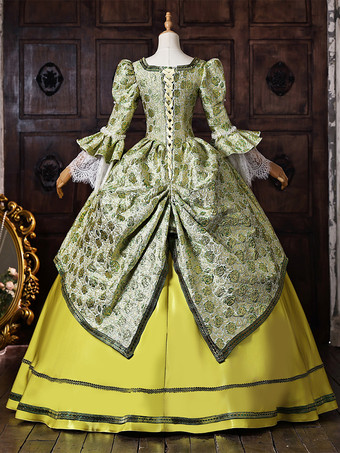 グリーン レトロ ヴィクトリアン ロココ コスチューム レースアップ マリー・アントワネット ポリエステル マキシ 18世紀ドレス