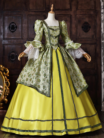 グリーン レトロ ヴィクトリアン ロココ コスチューム レースアップ マリー・アントワネット ポリエステル マキシ 18世紀ドレス