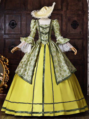 グリーン レトロ ヴィクトリアン ロココ コスチューム レースアップ マリー・アントワネット ポリエステル マキシ 18世紀ドレス