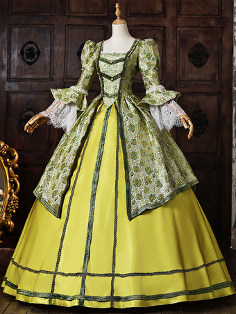 グリーン レトロ ヴィクトリアン ロココ コスチューム レースアップ マリー・アントワネット ポリエステル マキシ 18世紀ドレス