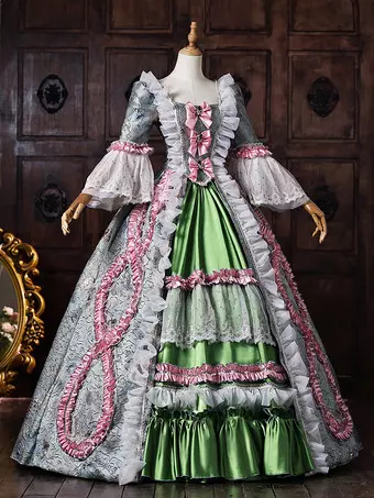 Green Retro Victorian Costumes Women's Lace Up Polyester Maxi Dress Royal Marie Antoinette Dress