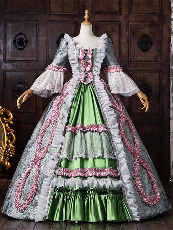 グリーン レトロ ヴィクトリアン コスチューム レディース レースアップ ポリエステル マキシドレス ロイヤル マリー アントワネット ドレス