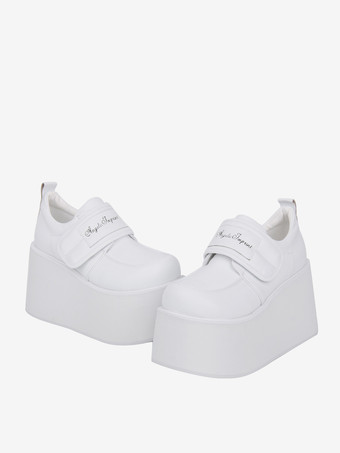 スウィートロリータシューズ ホワイトPUレザープラットフォームロリータパンプス