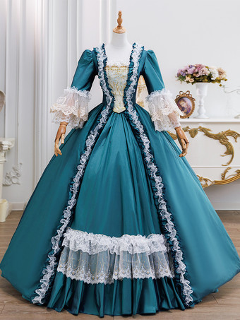 ティールレトロドレス レースアップ ヴィクトリアン ロココ レディース ロイヤルドレス マリー・アントワネット コスチューム 仮面舞踏会ガウン