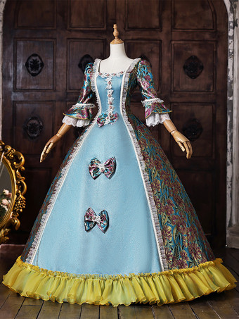 ブルーのレトロなビクトリア朝風レースアップポリエステル製マリー・アントワネット風ロイヤルボールガウン