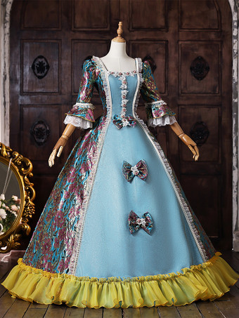 ブルーのレトロなビクトリア朝風レースアップポリエステル製マリー・アントワネット風ロイヤルボールガウン