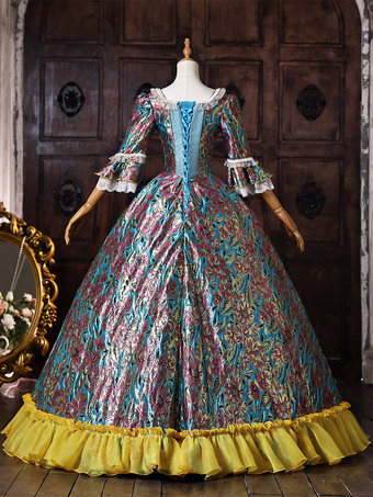 ブルーのレトロなビクトリア朝風レースアップポリエステル製マリー・アントワネット風ロイヤルボールガウン