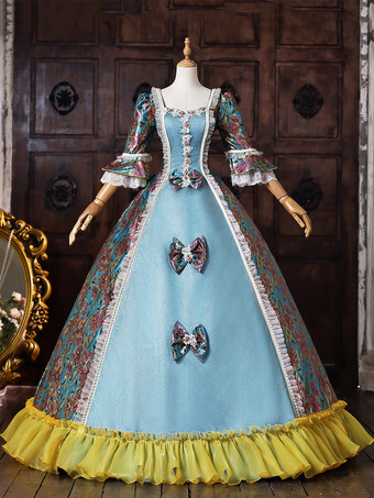 ブルー ブルーのレトロなビクトリア朝風レースアップポリエステル製マリー・アントワネット風ロイヤルボールガウン