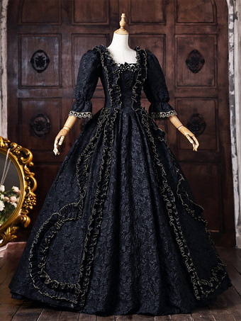 黒のヴィクトリアンロココ調レディースドレス、フレア袖、フリル飾り、マキシ丈、歴史的なドレス