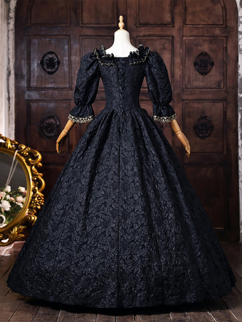 黒のヴィクトリアンロココ調レディースドレス、フレア袖、フリル飾り、マキシ丈、歴史的なドレス