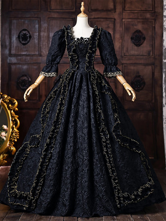 ブラックゴールド黒のヴィクトリアンロココ調レディースドレス、フレア袖、フリル飾り、マキシ丈、歴史的なドレス