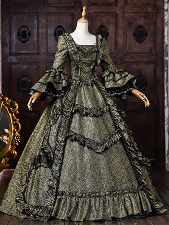 レディース ヴィクトリアン ロココ ドレス フレア袖 フリル トリム バック バンテージ ヒストリカルドレス