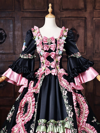 レディース ヴィクトリアン ドレス 長袖 フレア袖 フロントリボン フリルトリム ロココ ボールガウン ドレス