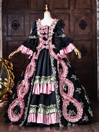 レディース ヴィクトリアン ドレス 長袖 フレア袖 フロントリボン フリルトリム ロココ ボールガウン ドレス