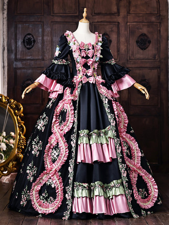 レディース ヴィクトリアン ドレス 長袖 フレア袖 フロントリボン フリルトリム ロココ ボールガウン ドレス