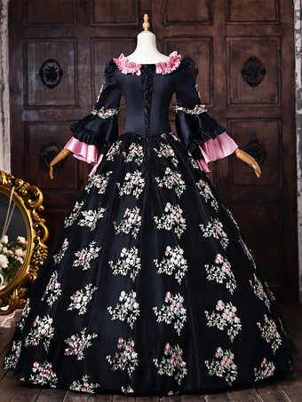 レディース ヴィクトリアン ドレス 長袖 フレア袖 フロントリボン フリルトリム ロココ ボールガウン ドレス