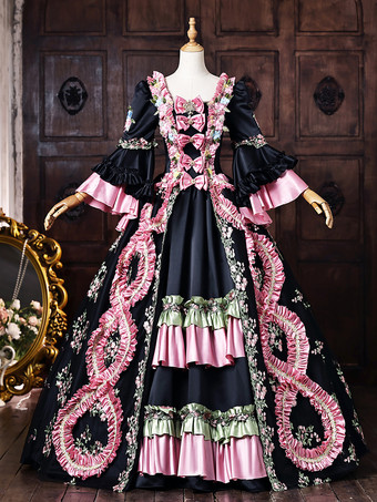 ブラック レディース ヴィクトリアン ドレス 長袖 フレア袖 フロントリボン フリルトリム ロココ ボールガウン ドレス