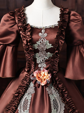 ブラウン レディース ヴィクトリアン ロココ ドレス レース アップリケ フレア スリーブ ヴィンテージ レトロ ドレス