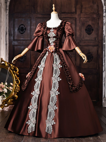 ブラウン レディース ヴィクトリアン ロココ ドレス レース アップリケ フレア スリーブ ヴィンテージ レトロ ドレス