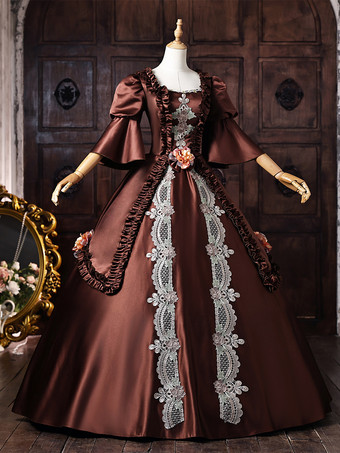 ブラウン レディース ヴィクトリアン ロココ ドレス レース アップリケ フレア スリーブ ヴィンテージ レトロ ドレス