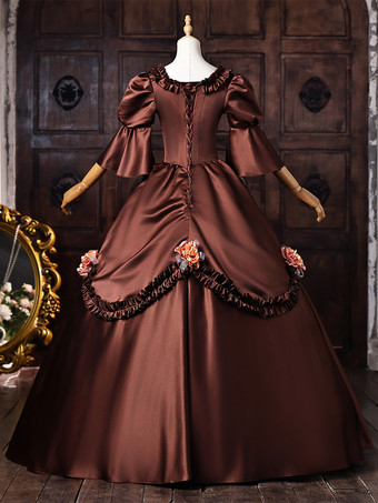 ブラウン レディース ヴィクトリアン ロココ ドレス レース アップリケ フレア スリーブ ヴィンテージ レトロ ドレス